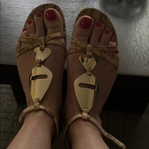 Via Spiga Gold and Tan Sandals with T-Strap Design